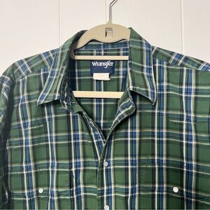 Vintage Wrangler Men's Green Plaid Shirt Pearl Snap Western 100% Cotton XLT
